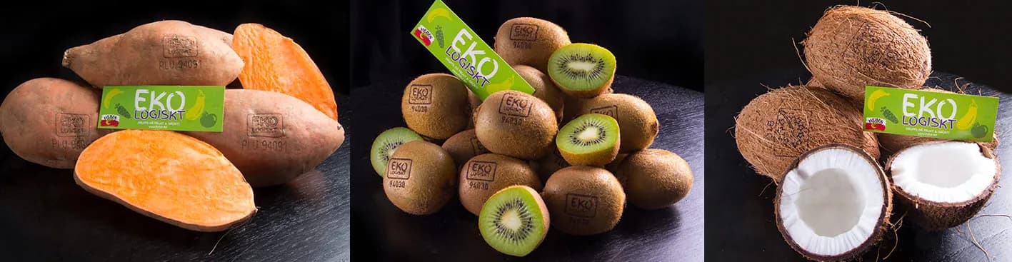Lasermärkt sötpotatis, kiwi och kokos med Hebes EKO-logiskt-märkning