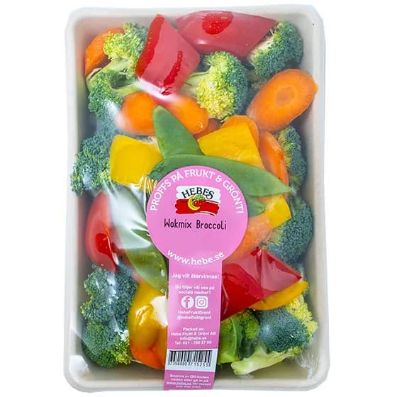 Wokmix med broccoli, paprika och morot i bagassetråg