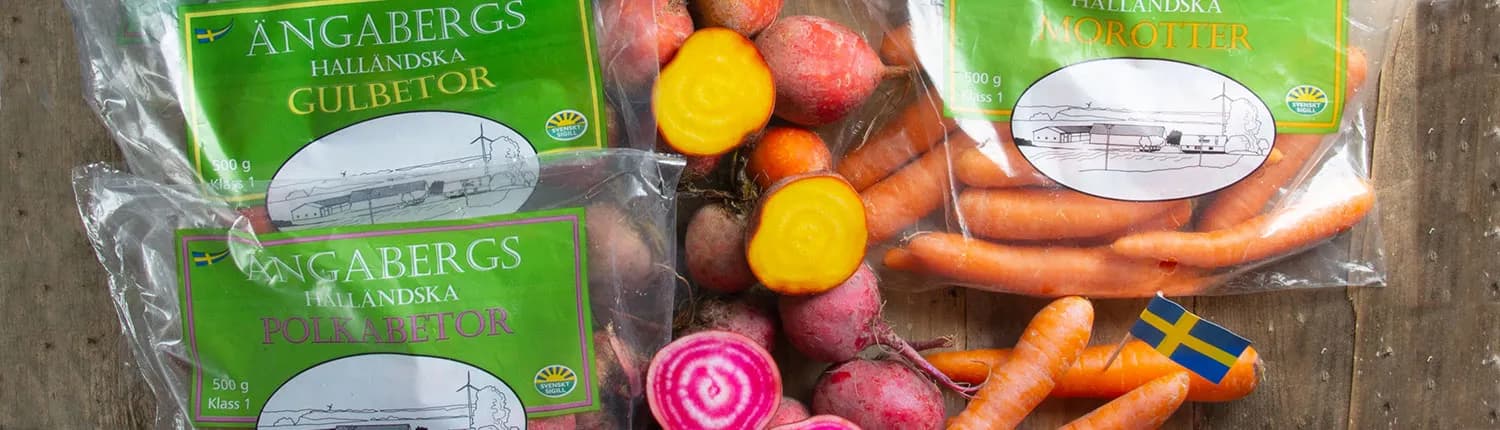 Ängabergs halländska gulbetor, polkabetor och morötter i förpackningar