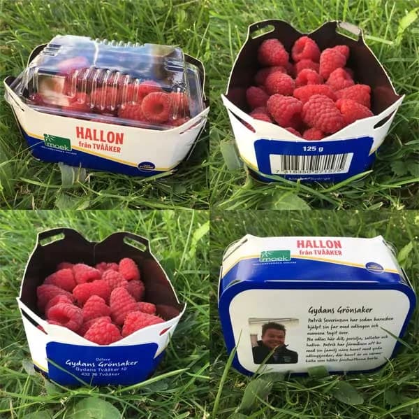 Hallonaskar från Tvååker med Gydans odlaretikett