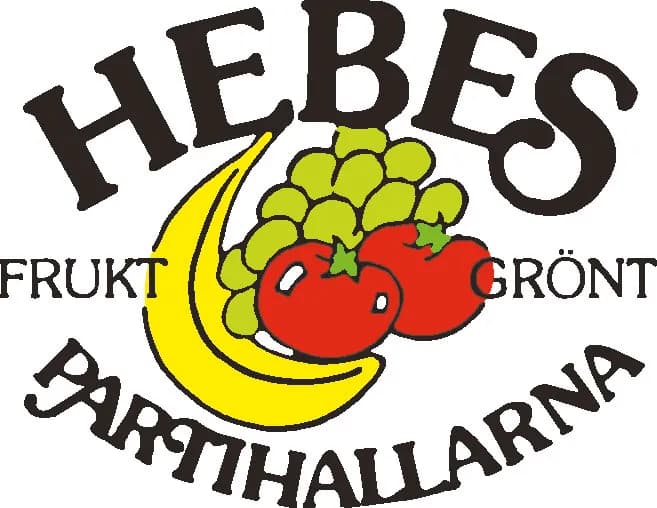 Hebes klassiska logotyp med banan, vindruvor och tomater: Hebes Frukt & Grönt, Partihallarna