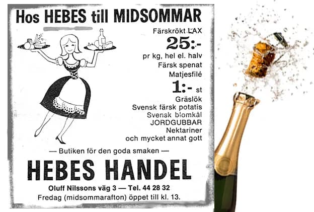 Tidningsannons för Hebes Handel inför midsommar med priser på lax, jordgubbar och färskpotatis