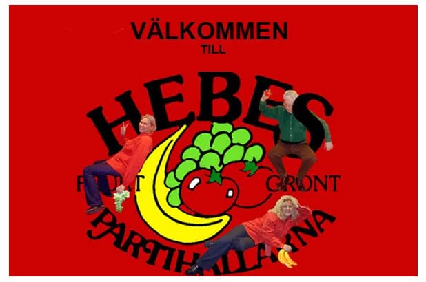 Hebes första hemsida från 1998: röd sida med logotypen och texten Välkommen till Hebes