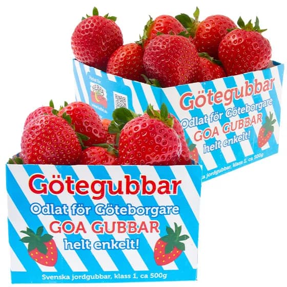 Götegubbar — svenska jordgubbar i randig ask, odlade för göteborgare